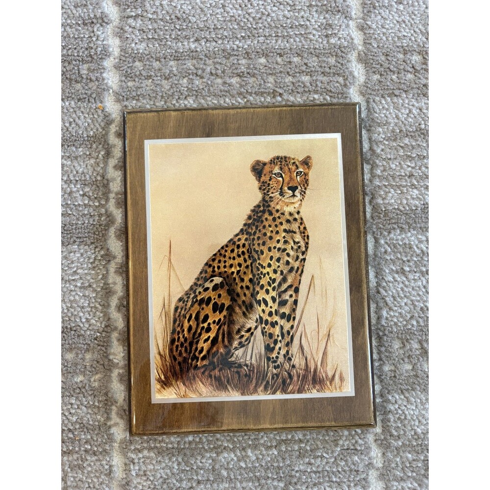 Vintage Bar-Gan Cheetah Gold Foil Art Wood Plaque Safari Wildlife Wall Decor